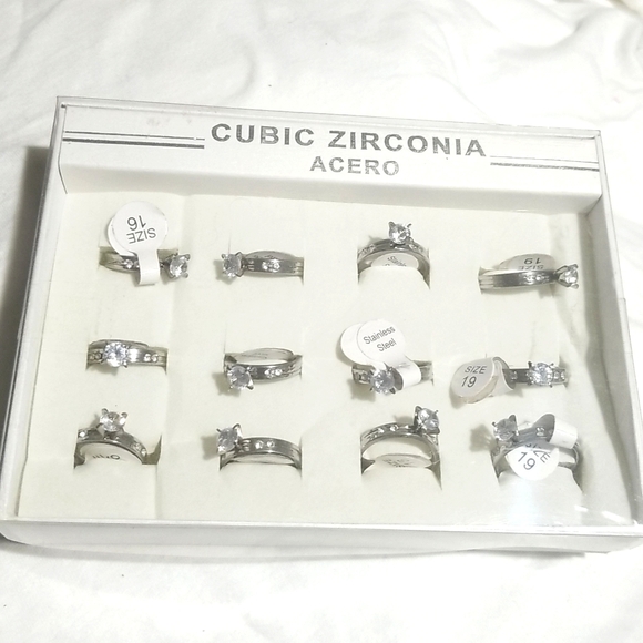 New 12 Stainless Steel Solitaire Cut Cubic Zirconia Wedding Rings Engagement Lot - Picture 4 of 4